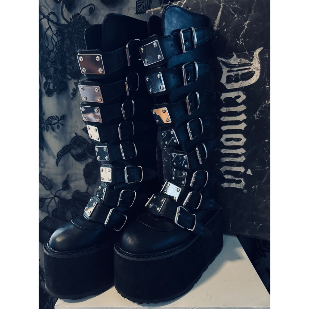 Demonia 318 Black Multi-Buckle Women’s Platform Boots